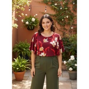 Liz Claiborne Career Womens Burgundy Floral Flutter Sleeve Blouse Top Red Tan